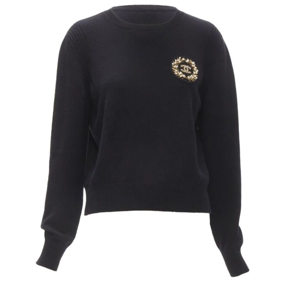 Chanel cashmere blend bead pearl CC embellished badge sweater